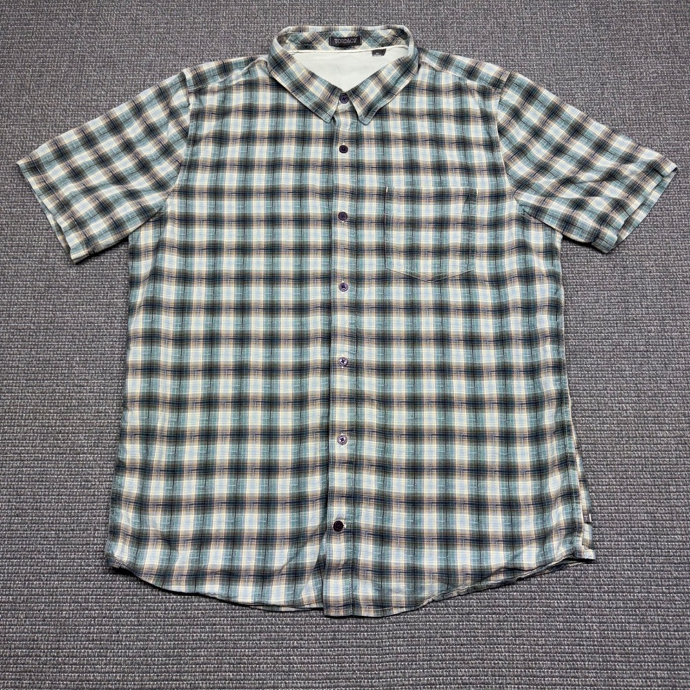 Toad&Co Mens Large Blue Green Plaid Short Sleeve Button Down Shirt Pocket L